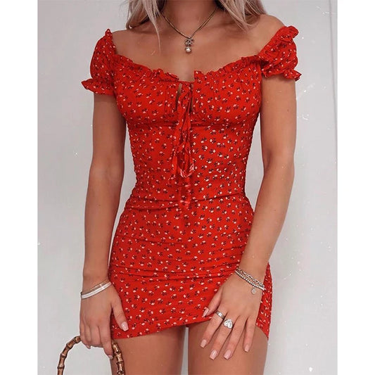 Women Floral Wrap Dress Off Shoulder Tie Up Front Ruffle Mini Dress Summer Office Lady Slash Neck Printed Pencil Dress - Seprincess