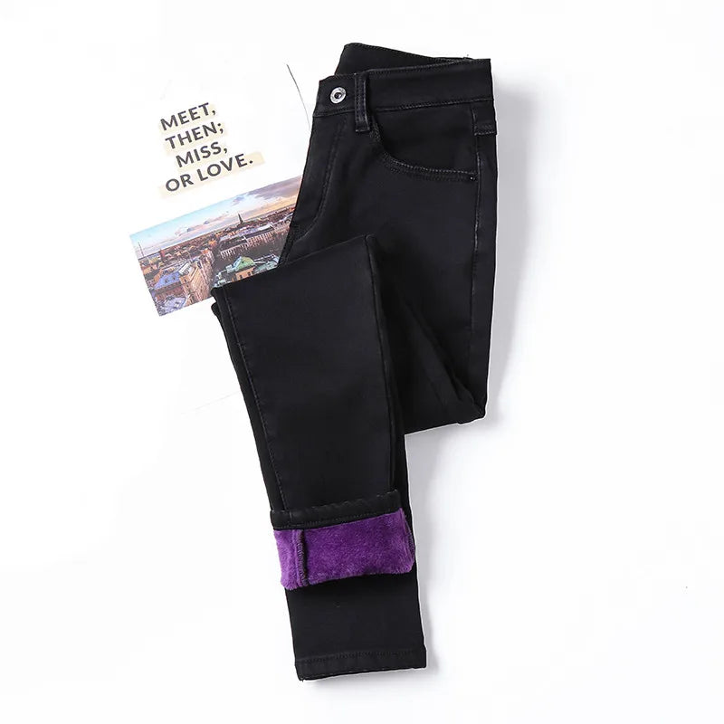 Winter Thick Women Warm Skinny Jeans Simple Stretch Velvet Fleece Female High Waist Denim Pencil Pants Clothes 36 38 40