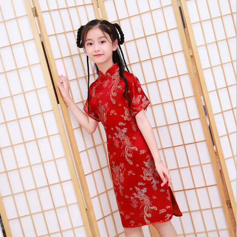 Lovely Girls Silky Satin cheongsam Dress Cute Princess Girls Dresses Kids Party Ball Gown Dress New Year cheongsam Clothing - Seprincess