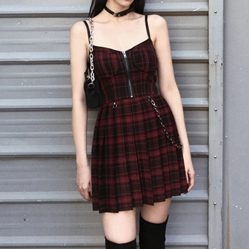 Gothic Girls Red Plaid Pleated Emo Alt Dress Y2K Zip Up Robe Femme Punk Black Spaghetti Strap Mini Short Jurken Goth Streetwear - Seprincess