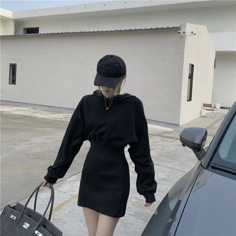 Hoodies Sweatshirt Knitted Dress Mini Black Long Sleeve Cotton Winter Vestido Corto Casual Korean Harajuku Fall 2020 Robe Femme - Seprincess