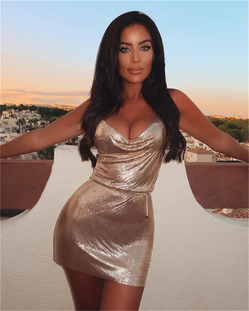 Diamond Halter Metal Party Dresses 2024 Sexy Gold Silver Summer Dress Vesitos Backless Sequins Women Dress Dropshipping