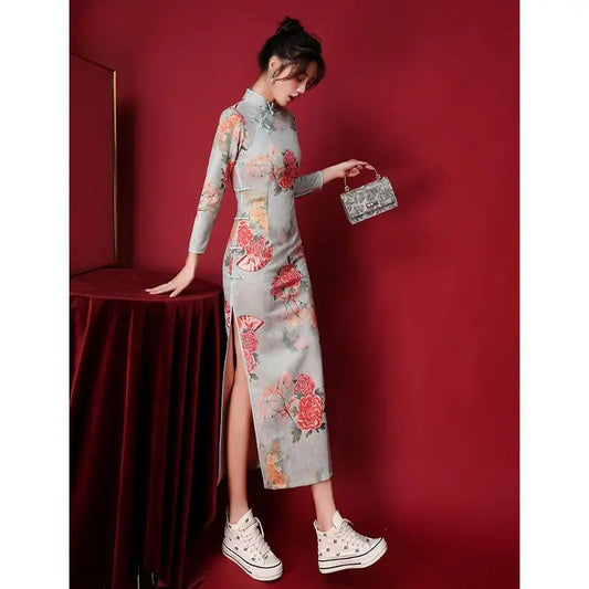 Improved Cheongsam 2021 Autumn Retro Elegant Young Style Qipao Dress Floral Chinese Style Daily Party Cheongsam Dress - Seprincess