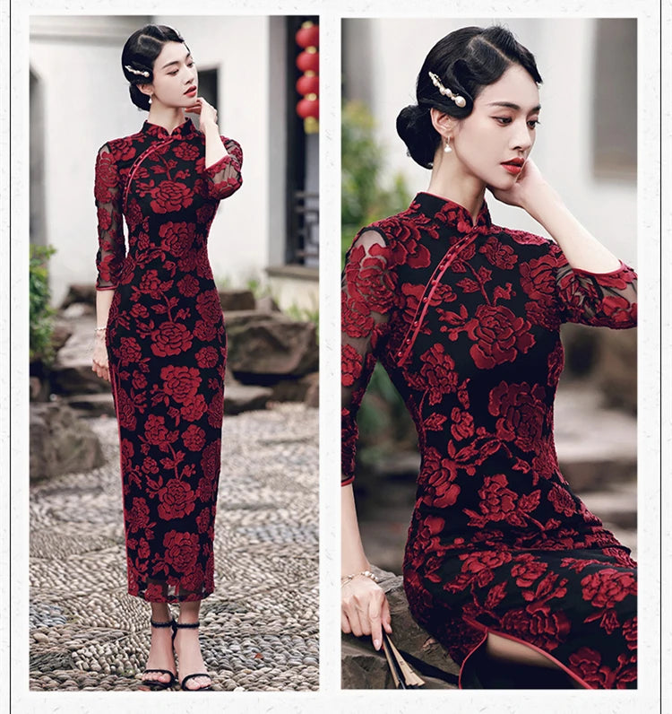 Chinese Style Women's Traditional Dress Retro Old Shanghai Style Long Cheongsam with 3/4 Sleeve Lace Summer Dress - Seprincess