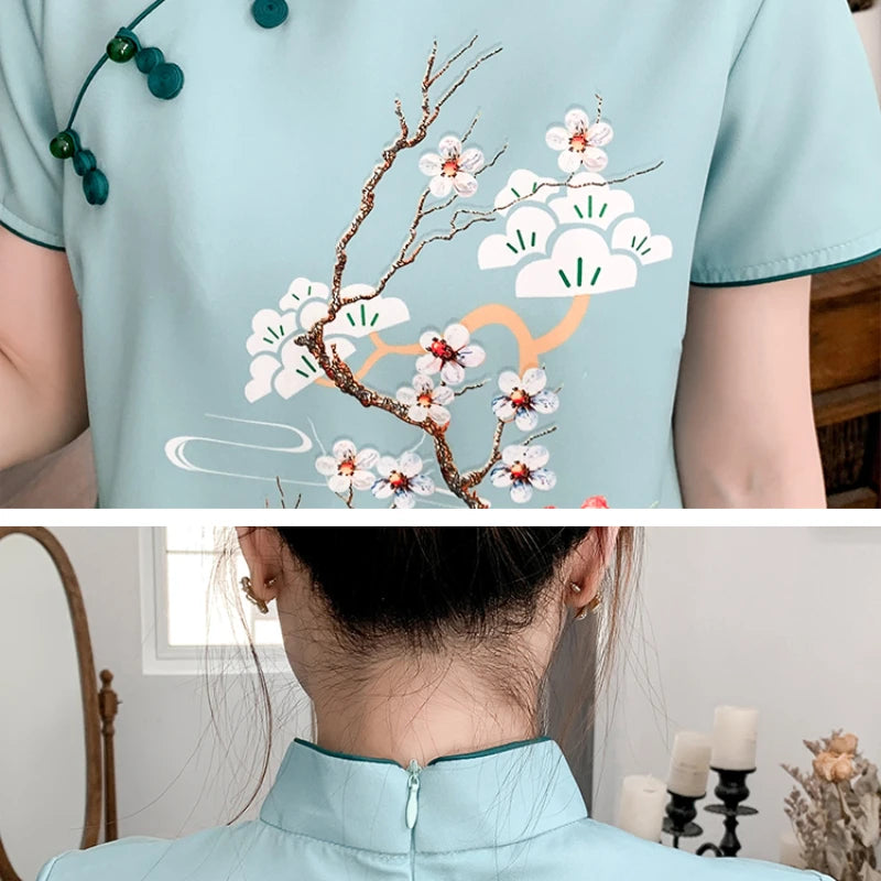 Plus Size M-4XL 2021 New Blue Loose Fashion Modern Cheongsam Dress Women Short Sleeve Qipao Traditional Chinese Style Clothes - Seprincess