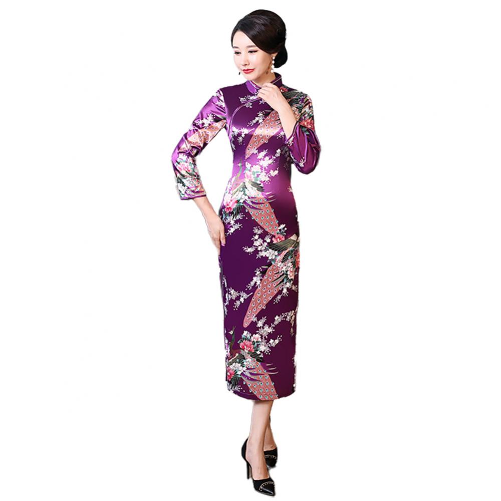 Women Chinese Traditional Dress Peacock Flower Print Long Split Bodycon Dress Cheongsam Stage Show Midi Slim Women Dress - Seprincess