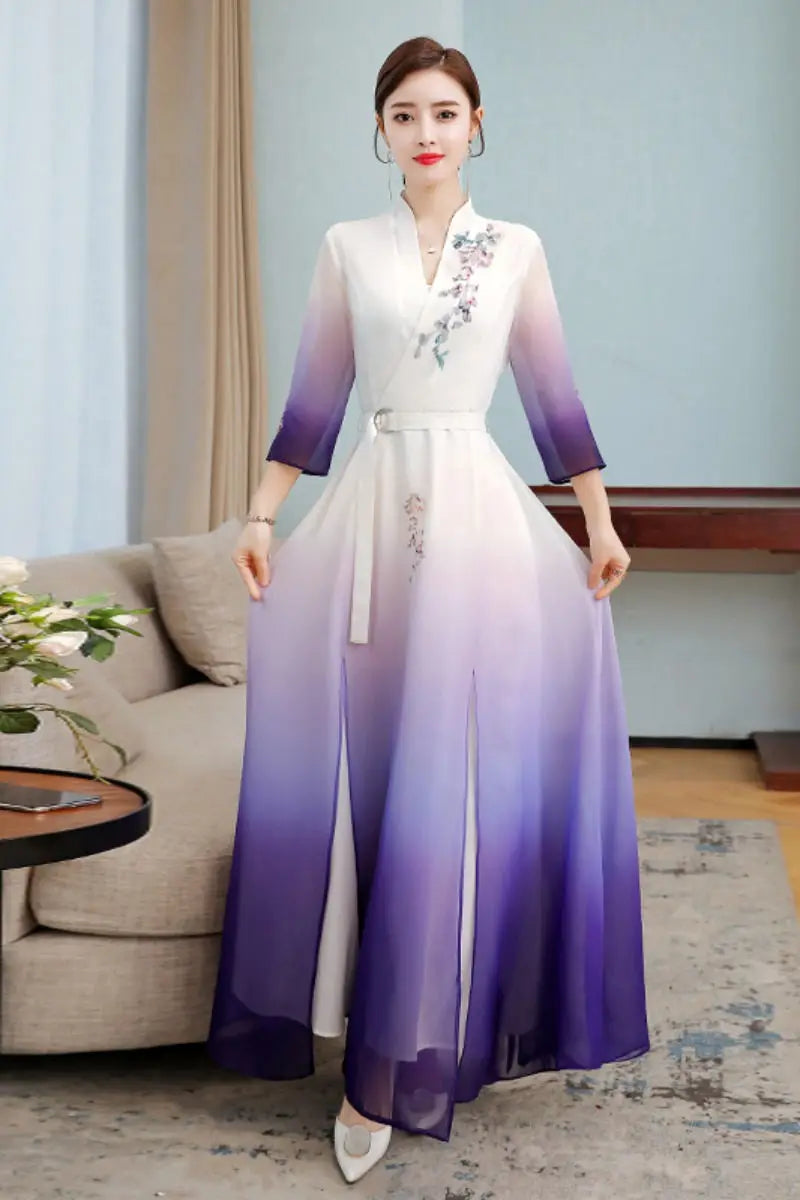 Top 2021 New Elegant Chinese Style V-Neck Slim Gradient Color Three-Quarter Sleeve Long Temperament Dress Qipao Lady Robes y1458 - Seprincess