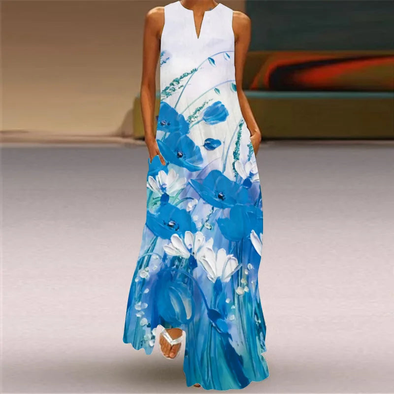 Elegant Women's Maxi Dress Y2k 2024 New Summer Fashion Print Sexy Insert Pocket Long Dress S-5XL - Seprincess