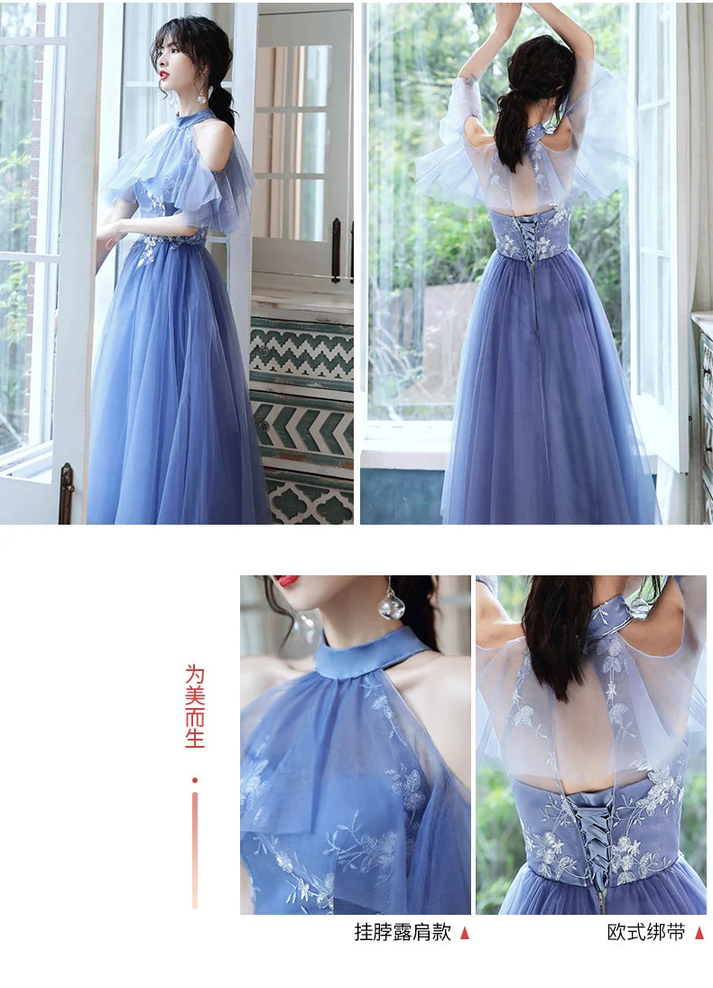 Sweet Memory 2025 Women Blue Bridesmaid Dresses Tea Length Appliques Lace Flowers Mismatched With Sleeves Wedding Party Dress - Seprincess