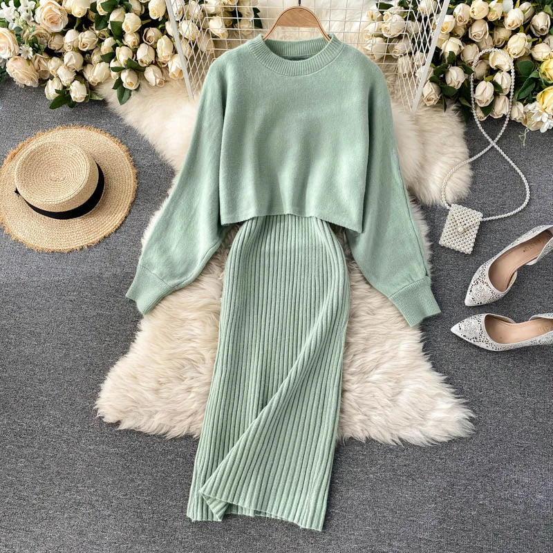 autumn Korean style clothes Two piece dress set Winter fall 2024 fashion women clothing new knitted knit long sleeves sweaters