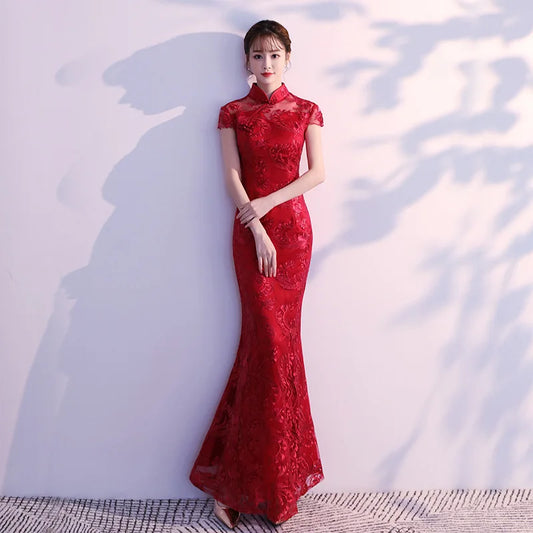 Lace Mermaid Chinese Style Lady Cheongsam Long Tight Elegant Dress Big Size 3XL Vestidso Vintage Red Bride Wedding Qipao S-203 - Seprincess