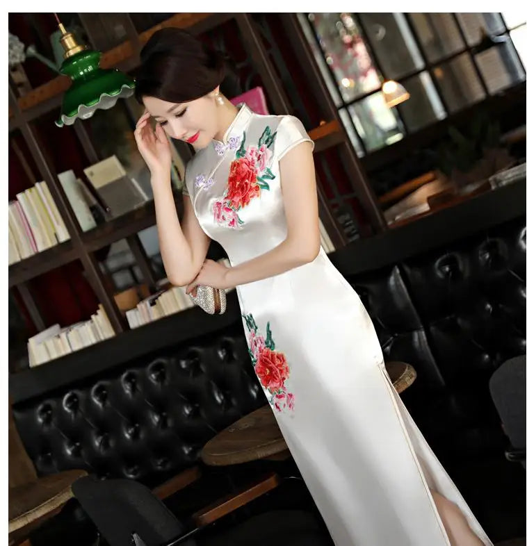 Classical Women Long Show Satin Chinese Dress Elegant Slim Embroidery Flower Qipao Cheongsam Retro Mandarin Collar Evening Gown - Seprincess