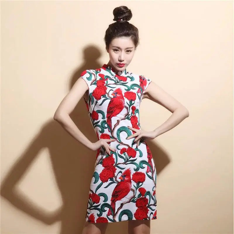 Black Red Nightingale Chinese Cheongsam Dress Stretch Cotton And Linen Chipao 5xl 4xl Sexy Traditional Vintage Qipao - Seprincess