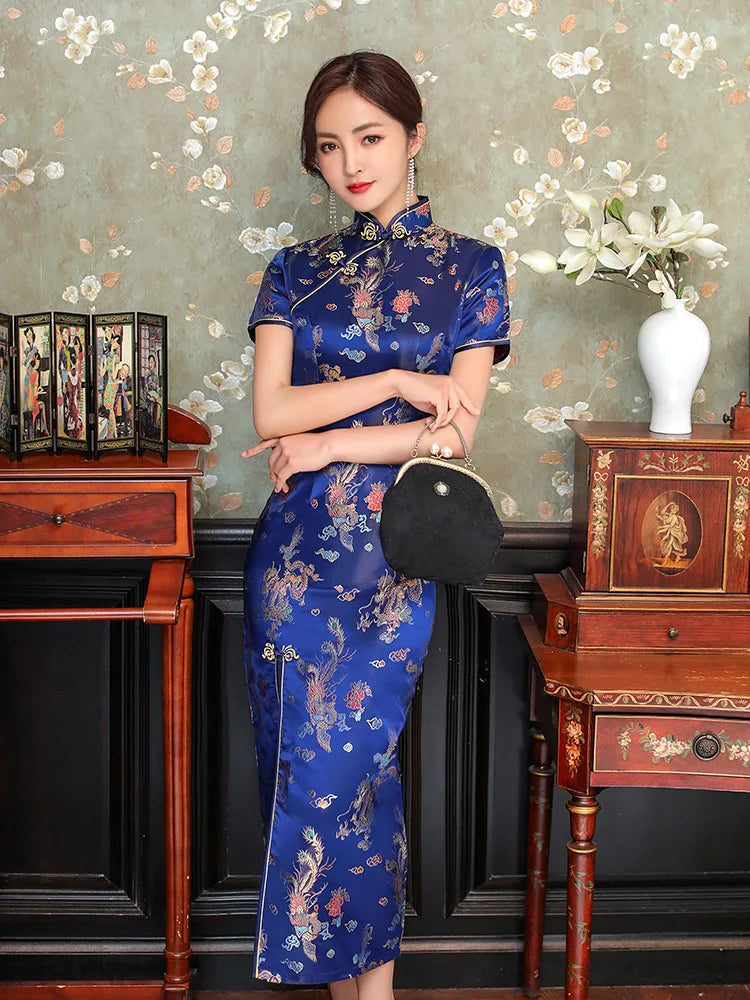 Sexy New Brocade Satin Long Fork Cheongsam Chinese Classic Women's Qipao Elegant Short Sleeve Novelty Wedding Evening Dress 4XL - Seprincess