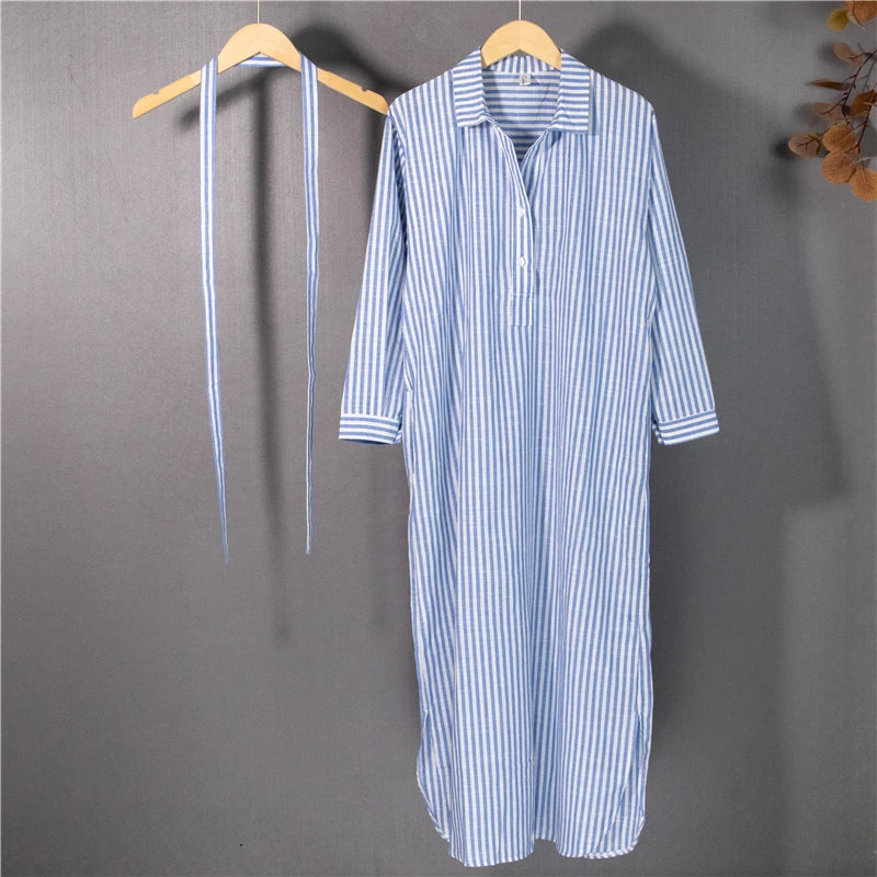 Colorfaith DR2268 2023 New Striped Lace Up Cotton and Linen Shirt Dress Spring Summer Women Korean Fashion Chic Long Dresses - Seprincess