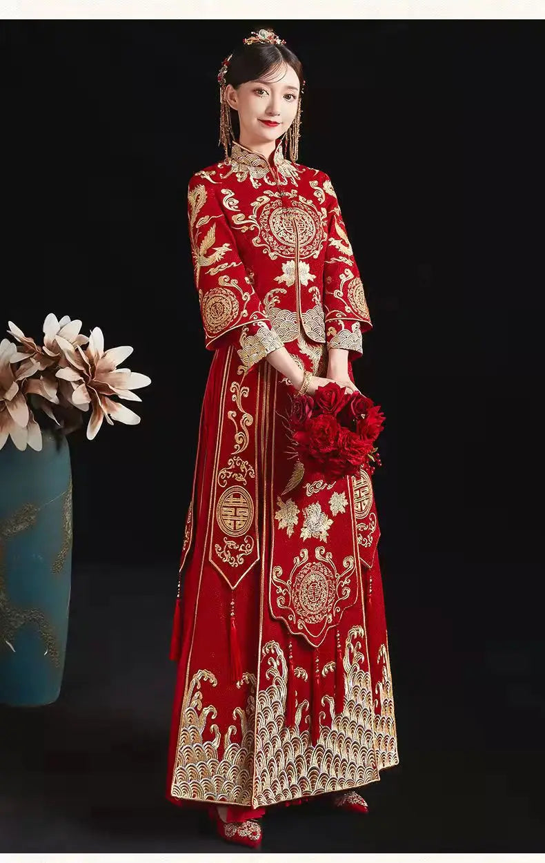 Modern Cheongsam Top + Skirt Suit Red Qipao Long Chinese Traditional Wedding Dress Oriental Style Xiuhefu Dresses - Seprincess