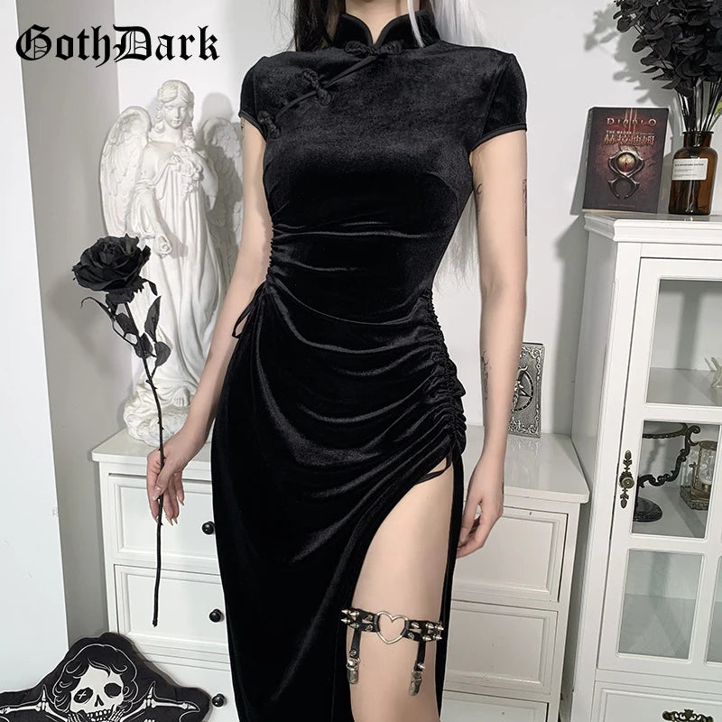 Goth Dark Romantic Gothic Velvet Aesthetic Dresses Vintage Women Black Bandage SlitHem Bodycon Dress Sexy Evening Wear Cheongsam