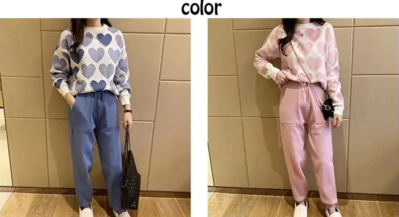 Love Printed Knit Two Peice Set Women Long Sleeve Sweater Pullover Tops Suits  Casual Jogger Pants Conjunto Knitwear Korean Sets - Seprincess