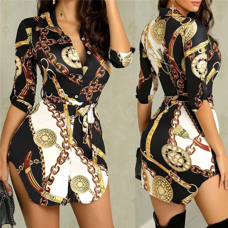 Women Summer Boho Midi Party Dresses Chain Print Stand Collar Single-breasted Shirt Dress Beach Dress Plus Size no Belt - Seprincess