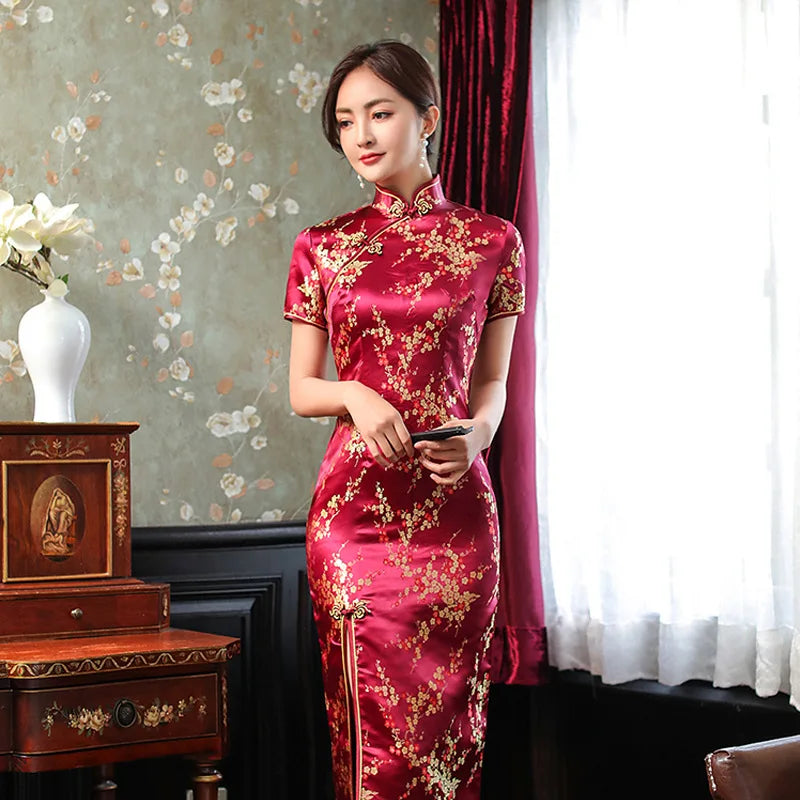 Summer New Women Sexy Cheongsam Elegant Vintage Mandarin Collar Chinese Dress Long Satin Flower Qipao Split Vestidso