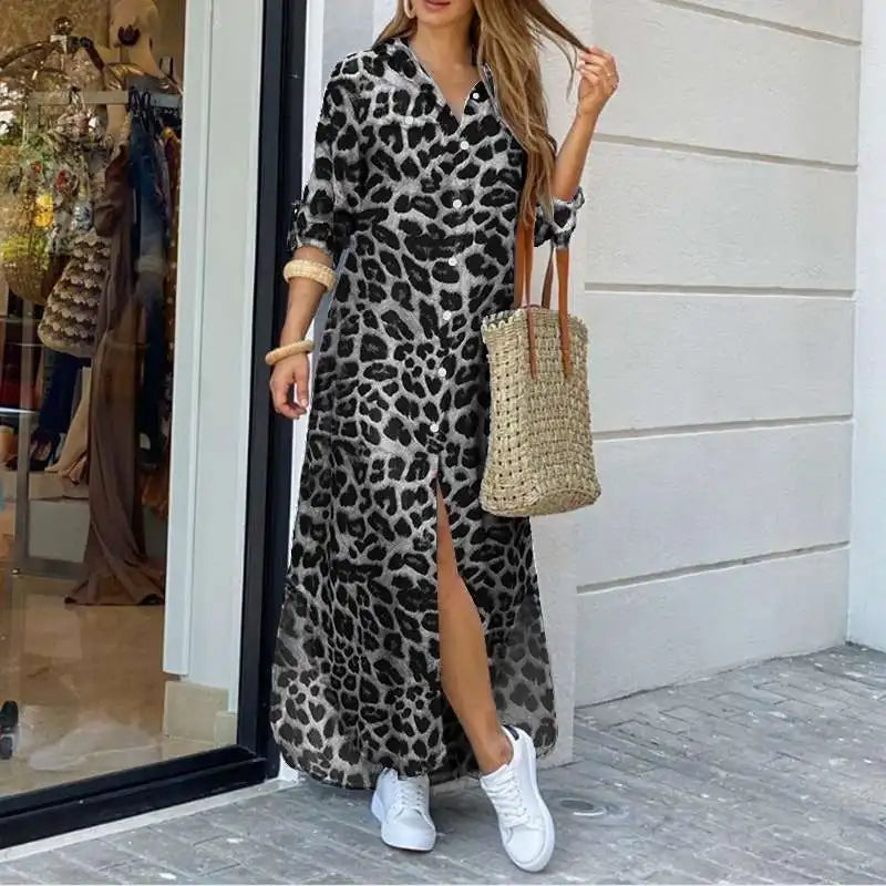 ZANZEA Party Vintage Leopard Robe 2023 Autumn Casual Long Sleeve Maxi Long Vestidos Dress Fashion Oversized Women Shirt Sundress - Seprincess