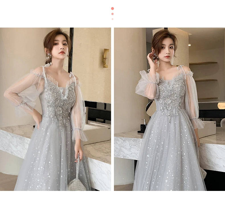 Temperament Bridesmaid Dress Lantern Sleeve Evening Party Dress Fairy Stage Show Dress Elegant Banquet Dress A-line Maxi Dress - Seprincess