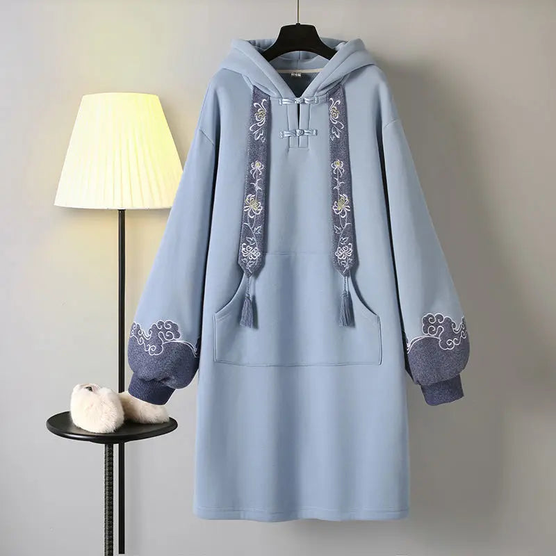 Winter Plus Size Dress Women's Chinese Traditional Style Hanfu Cheongsam Embroidered Tang Suit Hooded Sweatshirt Vestidos - Seprincess