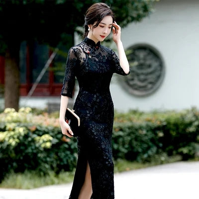 Chinese Style Women's Traditional Dress Retro Old Shanghai Style Long Cheongsam with 3/4 Sleeve Lace Summer Dress - Seprincess