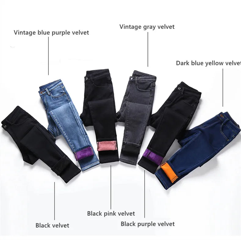 Clothes 26-40 winter women Colorful  velvet high waist jeans denim trousers stretch warm pencil pants thick skinny jeans