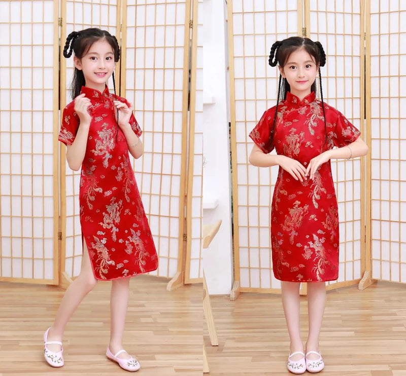 Lovely Girls Silky Satin cheongsam Dress Cute Princess Girls Dresses Kids Party Ball Gown Dress New Year cheongsam Clothing - Seprincess