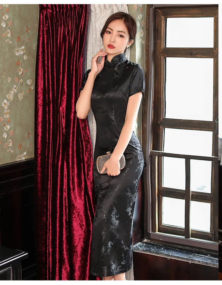 Summer New Women Sexy Cheongsam Elegant Vintage Mandarin Collar Chinese Dress Long Satin Flower Qipao Split Vestidso - Seprincess