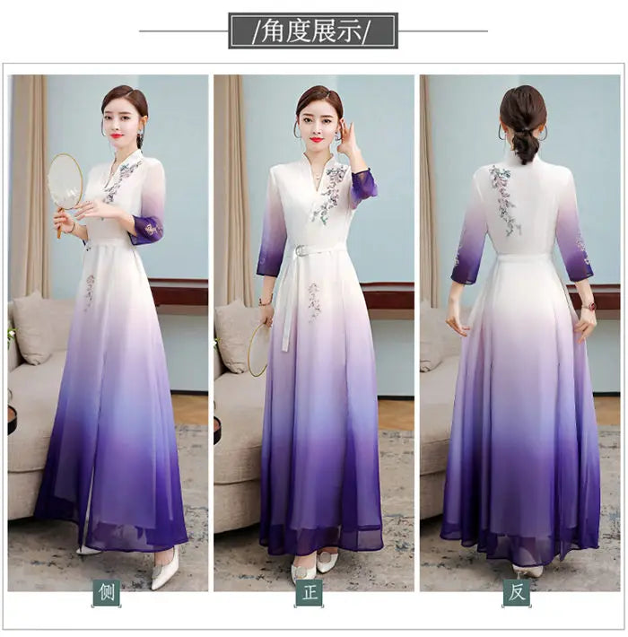 Top 2021 New Elegant Chinese Style V-Neck Slim Gradient Color Three-Quarter Sleeve Long Temperament Dress Qipao Lady Robes y1458 - Seprincess