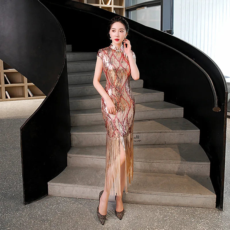 Lady Elegant Gold Sexy Rayon Cheongsam Sequins Tassel Qipao Mandarin Collar Chinese Dress Gown Vintage Evening Party Vestidos - Seprincess