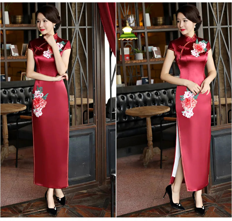 Classical Women Long Show Satin Chinese Dress Elegant Slim Embroidery Flower Qipao Cheongsam Retro Mandarin Collar Evening Gown