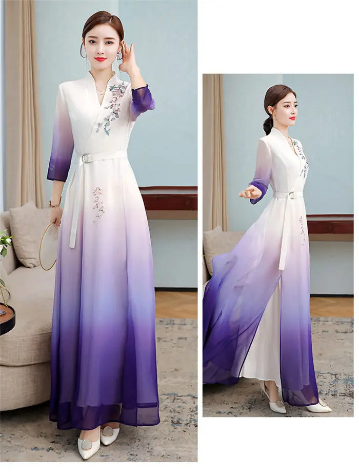 Top 2021 New Elegant Chinese Style V-Neck Slim Gradient Color Three-Quarter Sleeve Long Temperament Dress Qipao Lady Robes y1458