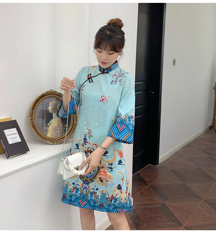 Ins Red Blue Loose 2021 New Fashion Modern Chinese Cheongsam A-line Dress Women 3/4 Sleeve Qipao Traditional Chinese Clothes - Seprincess