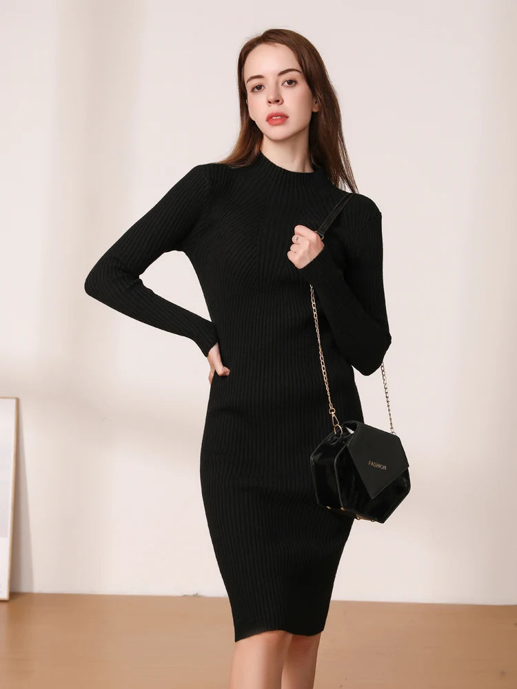 Midi Dress 2024 Winter Knitted Sweater Casual Women's Dresses Ladies Clothing Clothes Korean Fashion Robe Elegant Black Tight - Seprincess