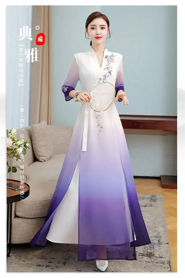 Top 2021 New Elegant Chinese Style V-Neck Slim Gradient Color Three-Quarter Sleeve Long Temperament Dress Qipao Lady Robes y1458 - Seprincess