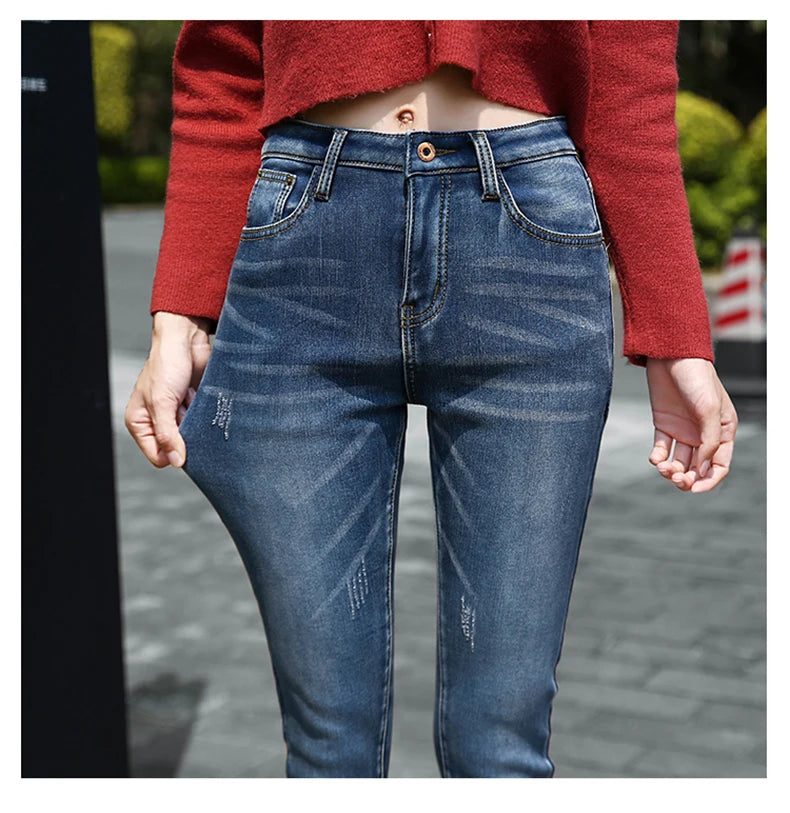 Clothes 26-40 winter women Colorful  velvet high waist jeans denim trousers stretch warm pencil pants thick skinny jeans