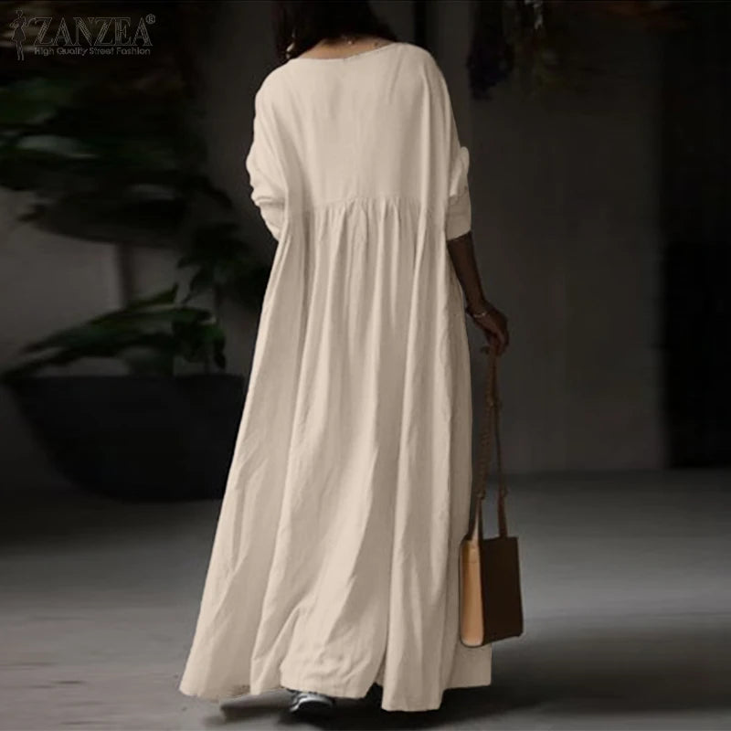 Autumn Women Sundress ZANZEA 2023 Vintage Solid Dresses Female Cotton Robe Casual Long Sleeve Pleated Maxi Vestidos Kaftan - Seprincess