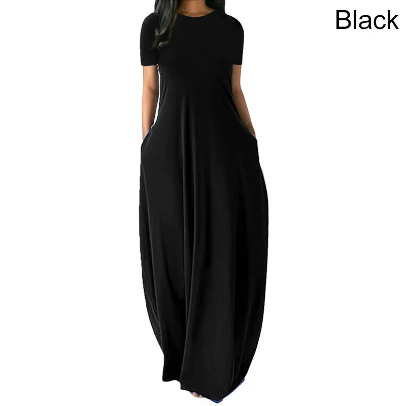 Women Oversize Casual Solid O-Neck Pockets Long Dress Summer Dress Female Plus Size Short Sleeve High Waist Maxi Dresses - Seprincess