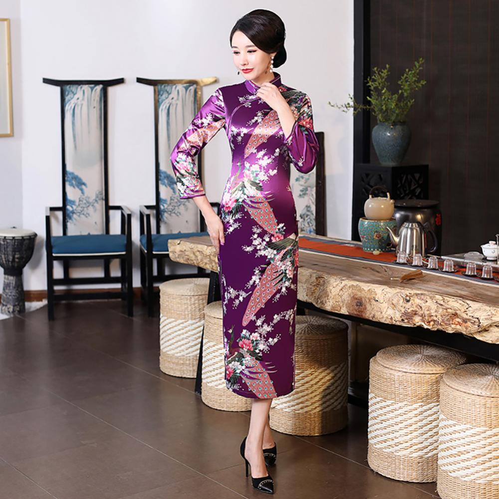 Women Chinese Traditional Dress Peacock Flower Print Long Split Bodycon Dress Cheongsam Stage Show Midi Slim Women Dress - Seprincess