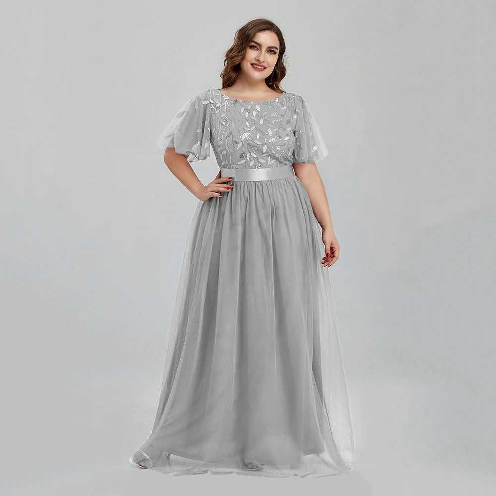 Women's Plus Size Mesh A-Line Sequin Embroidery Evening Dress Leaf  Maxi Prom Dress With Sleeves For Wedding Dress 2022 - Seprincess