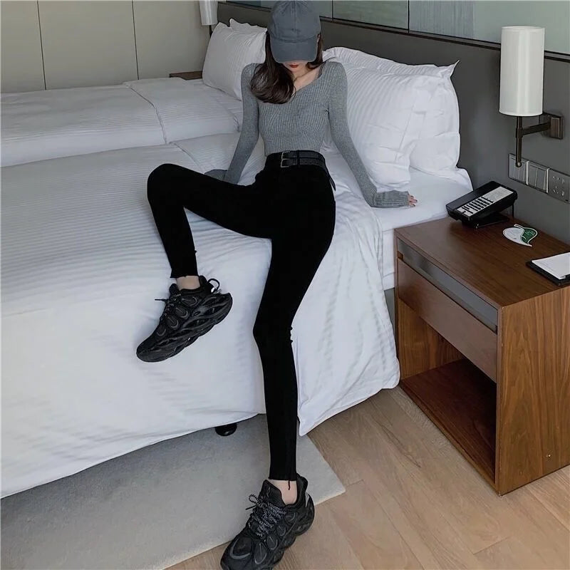 Woman Jeans Pants Black Ankle Tight Pencil Pants Autumn High Waist Tight Elastic Double Waist Head Pantalones Vaqueros Mujer