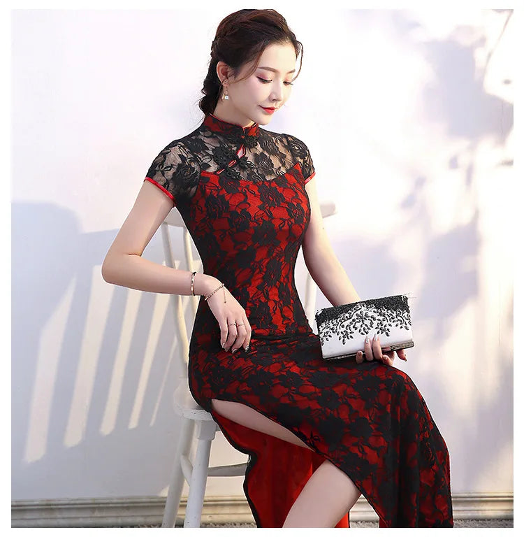 Lace Floral Perspective Collar Qipao Sexy Long Women Cheongsams Big Size 3XL 4XL 5XL Chinese Dress Grace Evening Party Vestidos