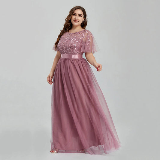 Women's Plus Size Mesh A-Line Sequin Embroidery Evening Dress Leaf  Maxi Prom Dress With Sleeves For Wedding Dress 2022 - Seprincess