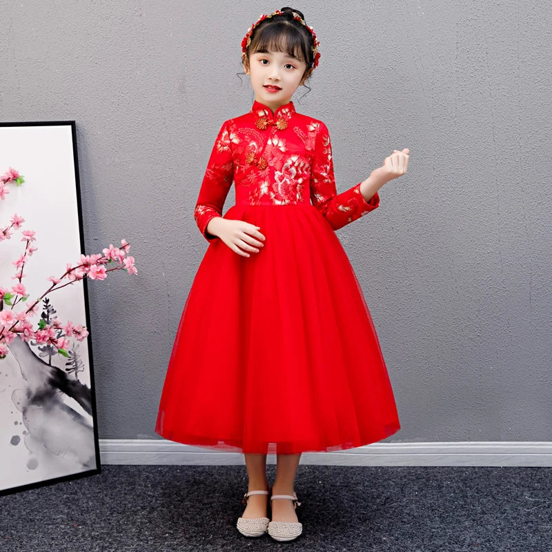 Cute Flower Girls Dresses Kids Chinese Embroidery Lace Cheongsam Dress Baby Girls Elegant Traditional Chinese New Year Dress - Seprincess