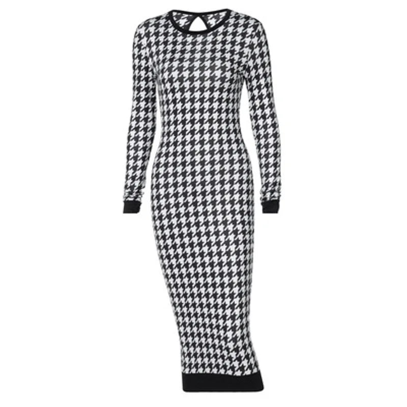 Houndstooth Print Women Long Sleeve Midi Dress Hollow Out Bodycon Sexy Streetwear 2022 Autumn Winter Club Elegant Slim - Seprincess