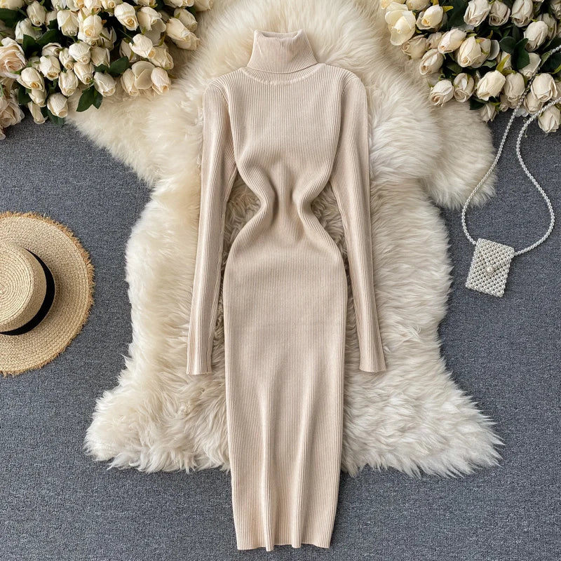 Dresses for Women 2022 Sexy Turtleneck Knitted Bodycon Dress Women Autumn Winter Long Sleeve Sweater Dress - Seprincess