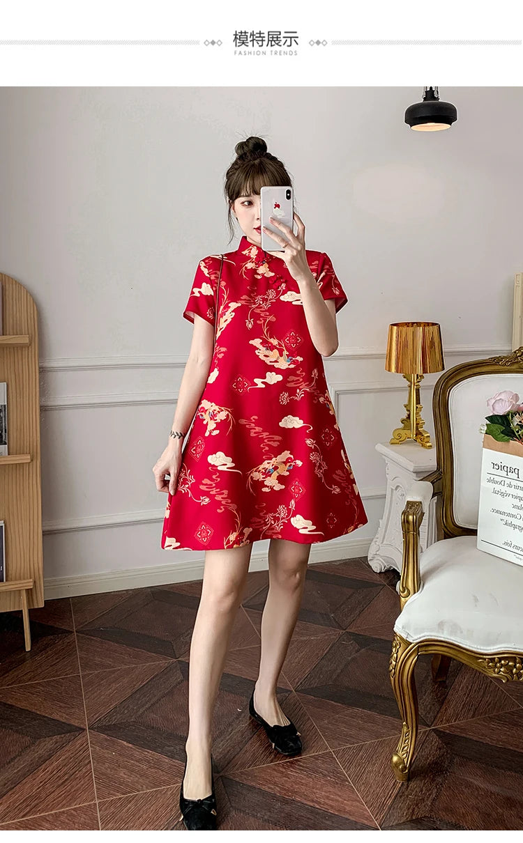 M-4XL 2022 New Year Red Summer Trend Street Fashion Modern Cheongsam A-line Dress Women Qipao Traditional Chinese Clothes - Seprincess